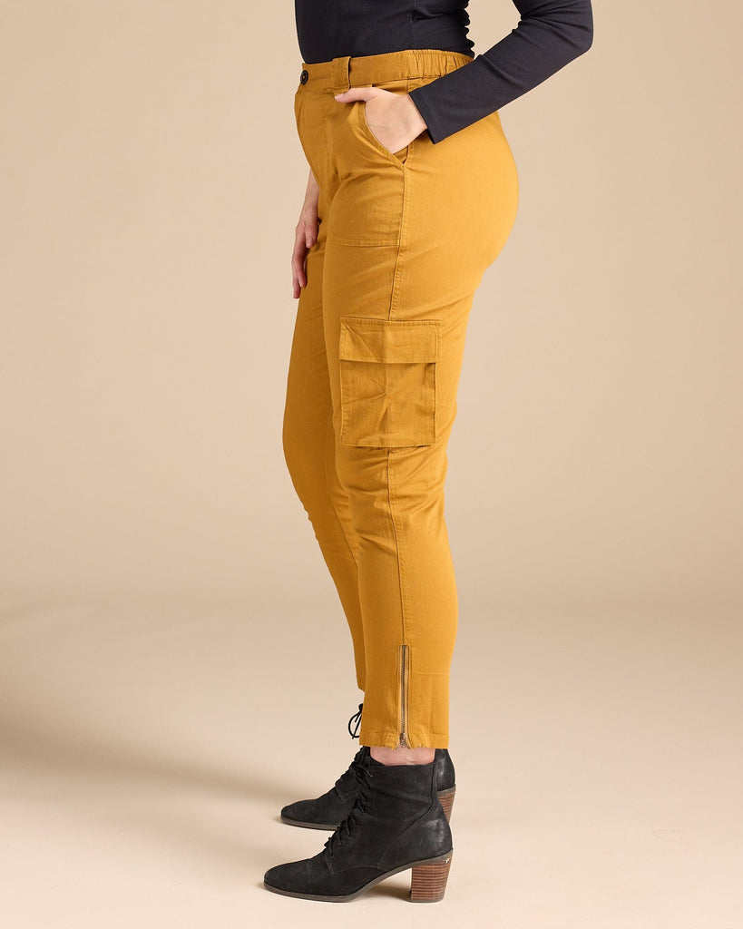 Woman in solid, jogger style cargo pants