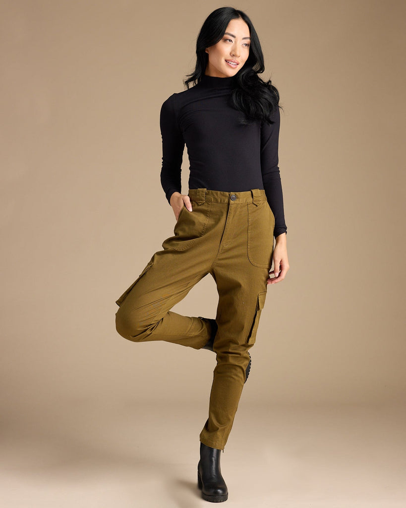 Woman in solid, jogger style cargo pants