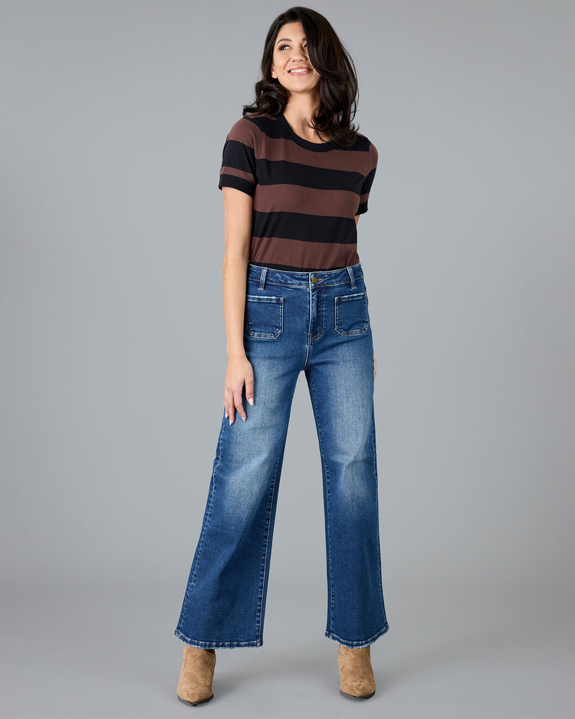 Woman in wide leg jeans