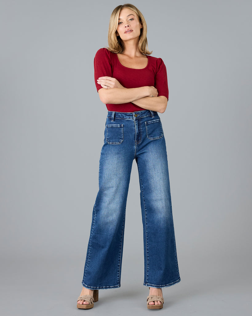 Woman in wide leg jeans