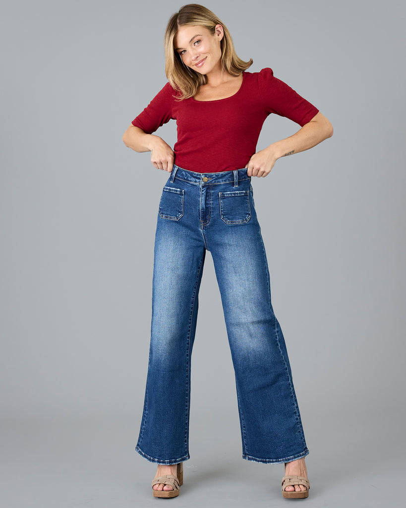 Woman in wide leg jeans