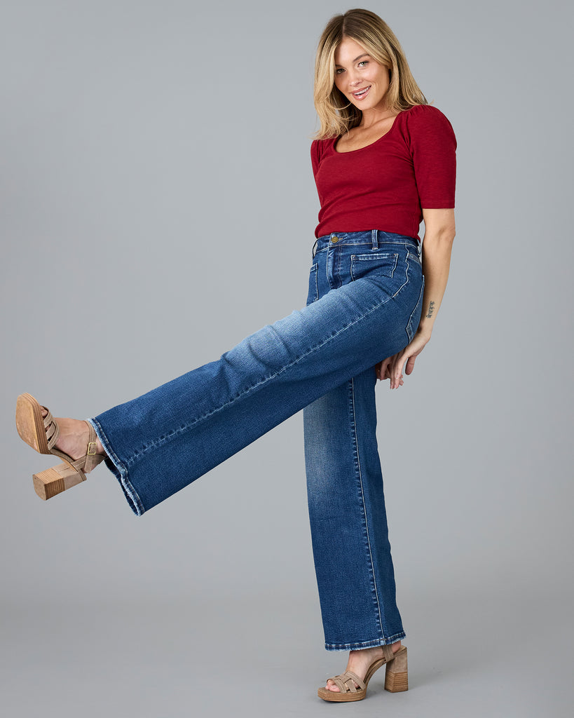 Woman in wide leg jeans