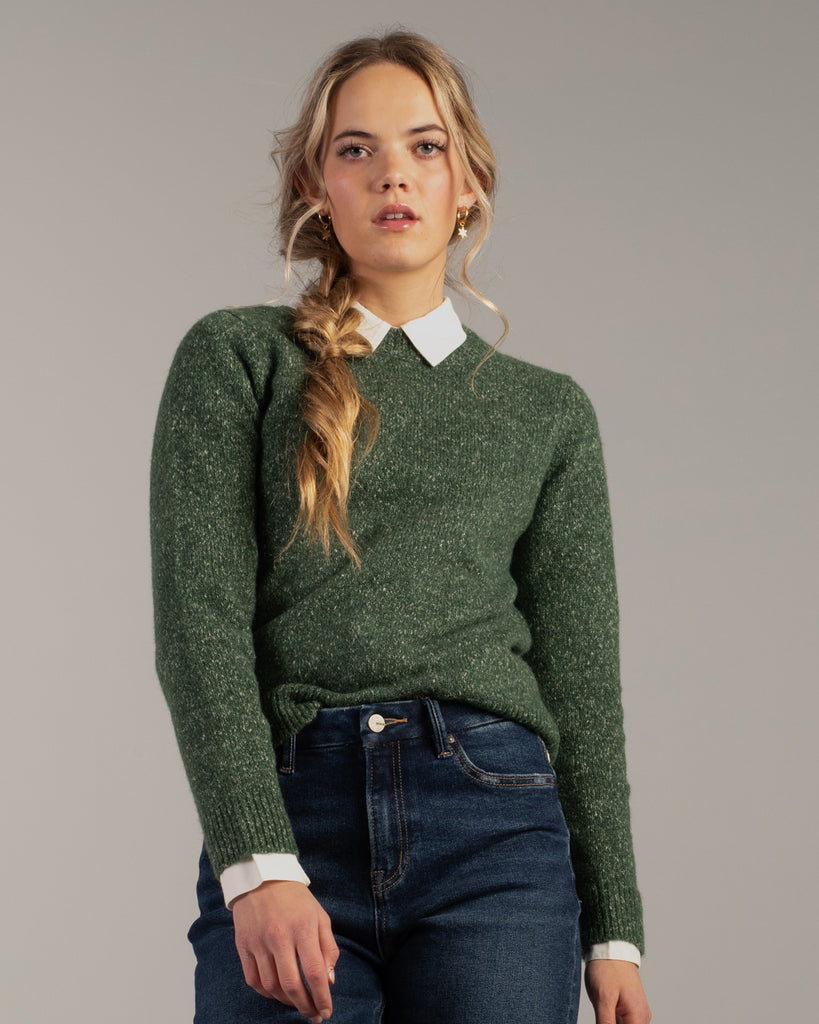 Model wearing a green speckled long sleeve crew neck pullover sweater.