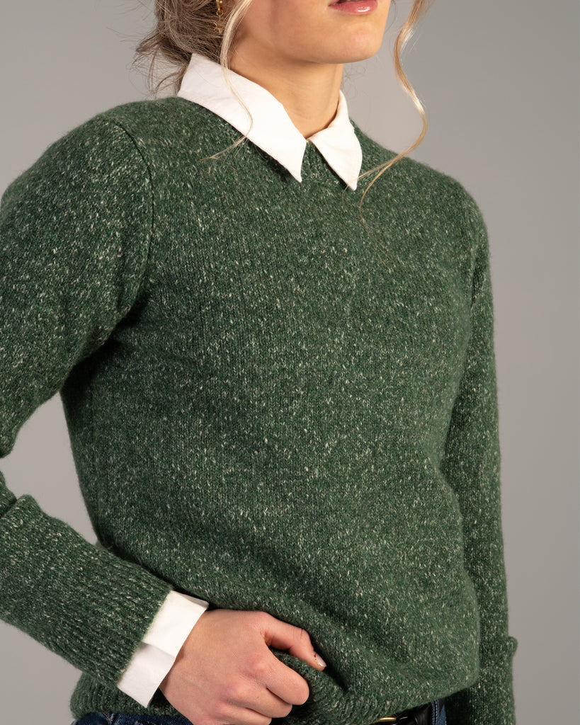 Model wearing a green speckled long sleeve crew neck pullover sweater.