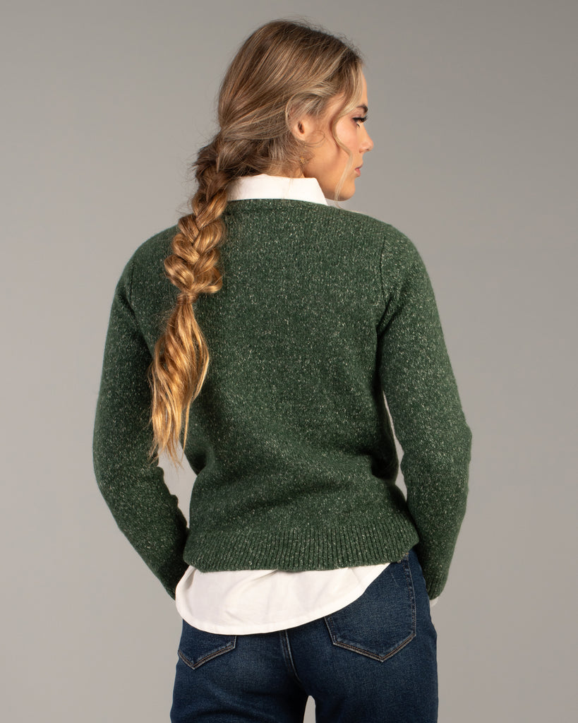 Model wearing a green speckled long sleeve crew neck pullover sweater.