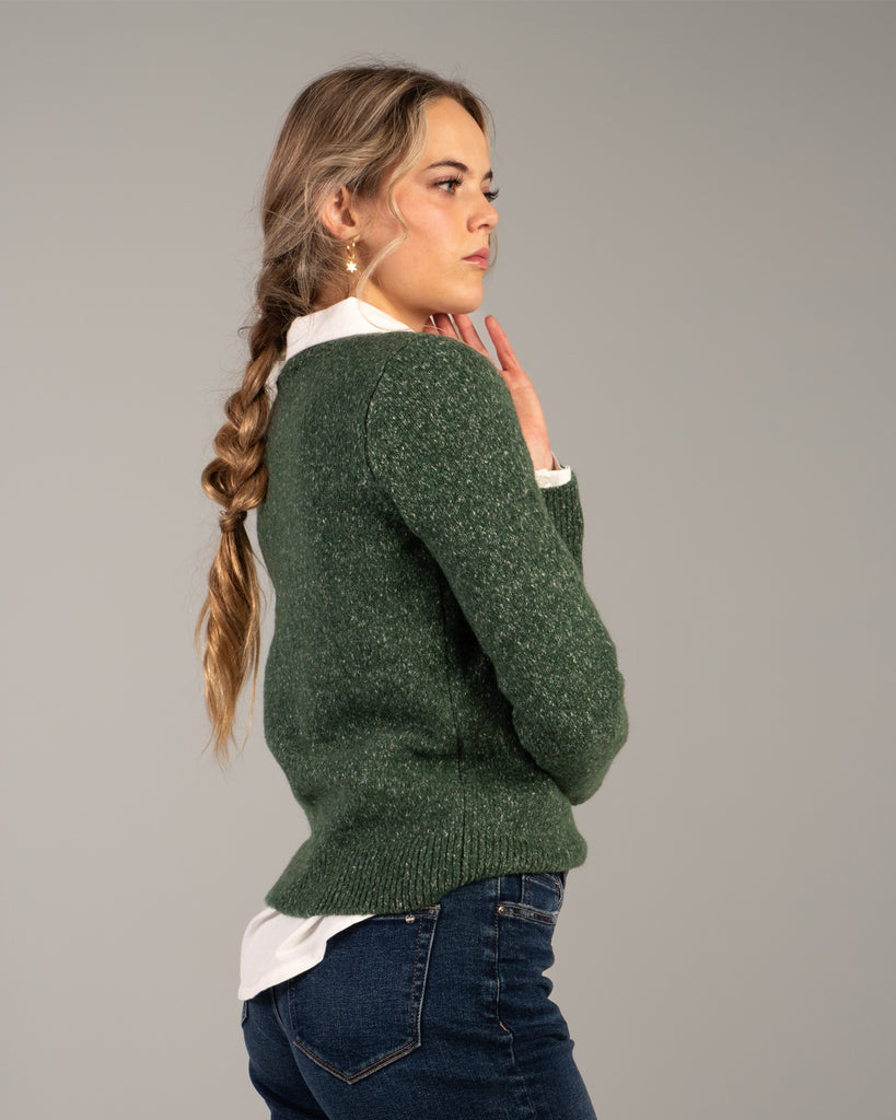 Model wearing a green speckled long sleeve crew neck pullover sweater.