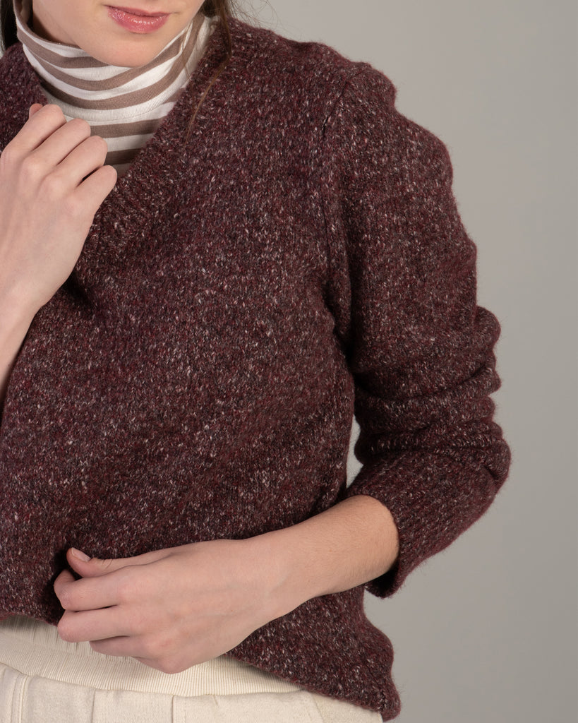 Model wearing a brown speckled long sleeve v-neck pullover sweater.