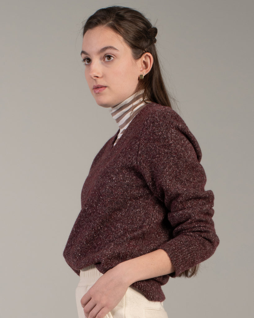 Model wearing a brown speckled long sleeve v-neck pullover sweater.