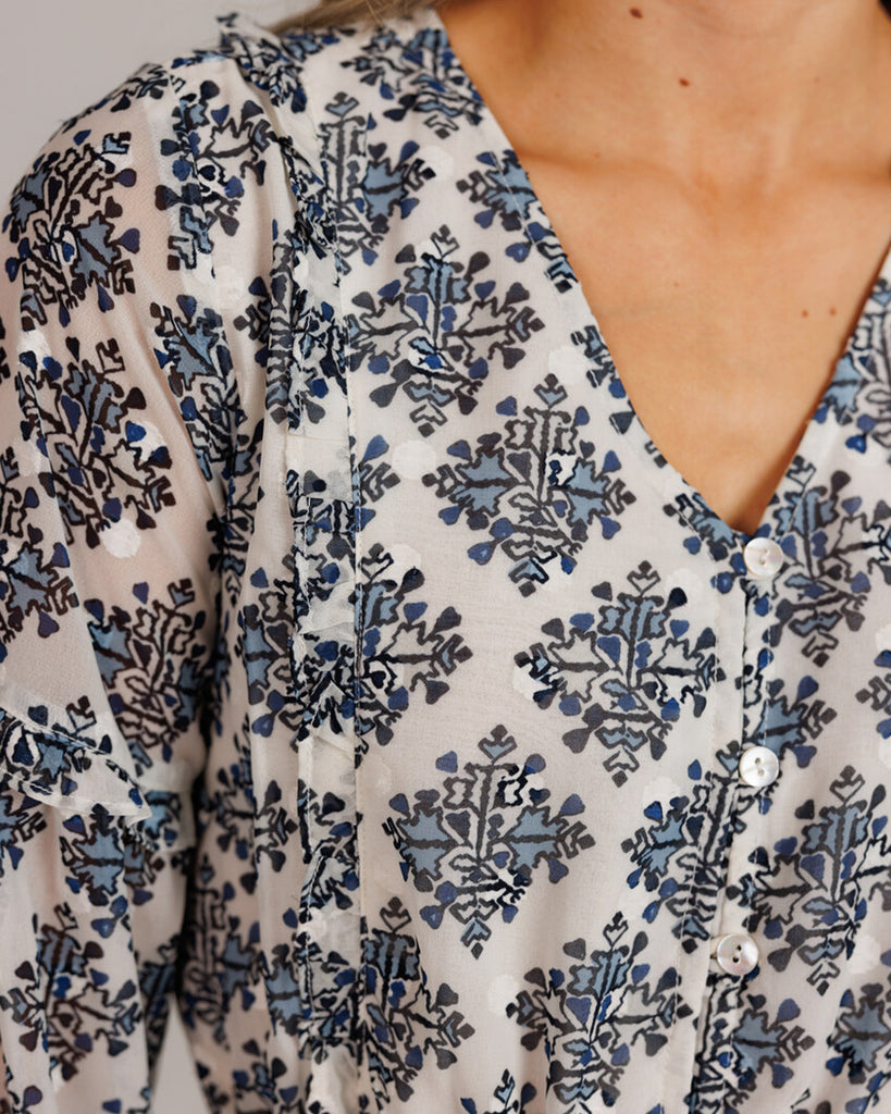 Up close image of the blue geometric print on a white dress with pleats down front.