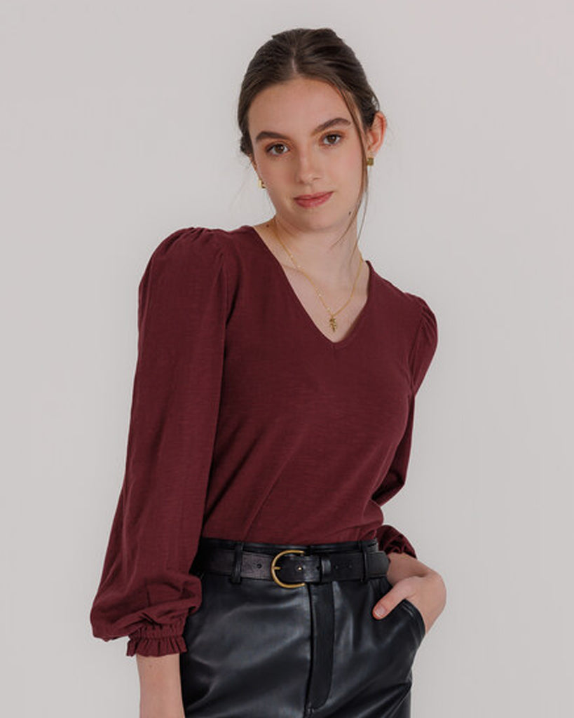 Model wearing a burgundy long balloon sleeve, v-neck knit top.