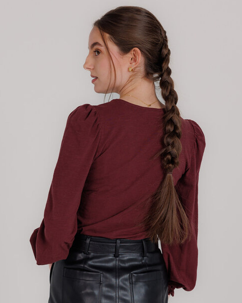 Model wearing a burgundy long balloon sleeve, v-neck knit top.