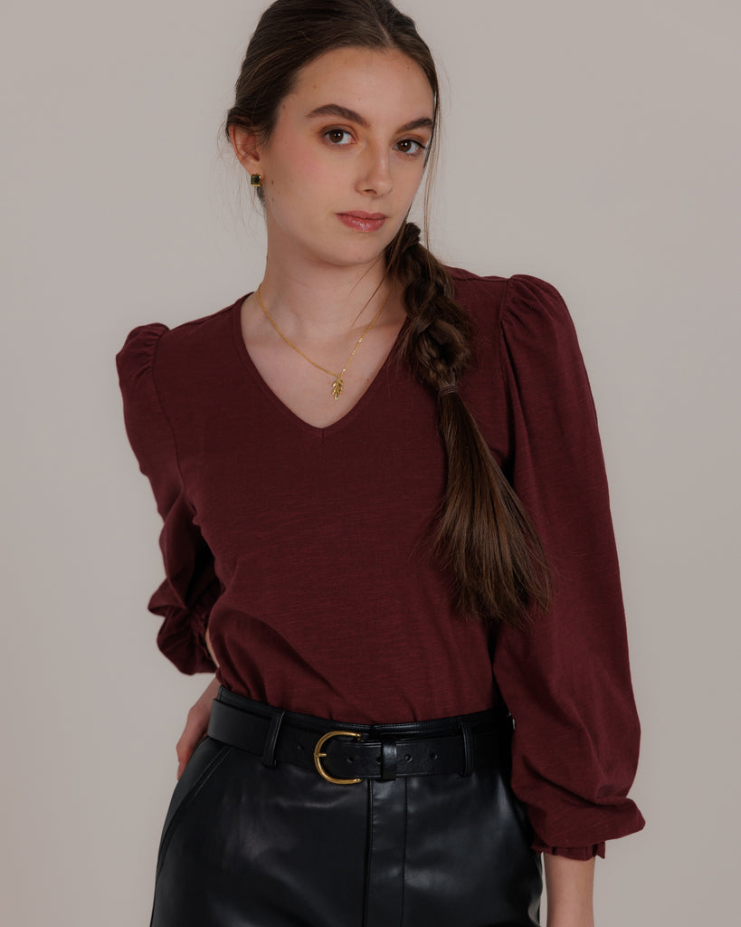 Model wearing a burgundy long balloon sleeve, v-neck knit top.